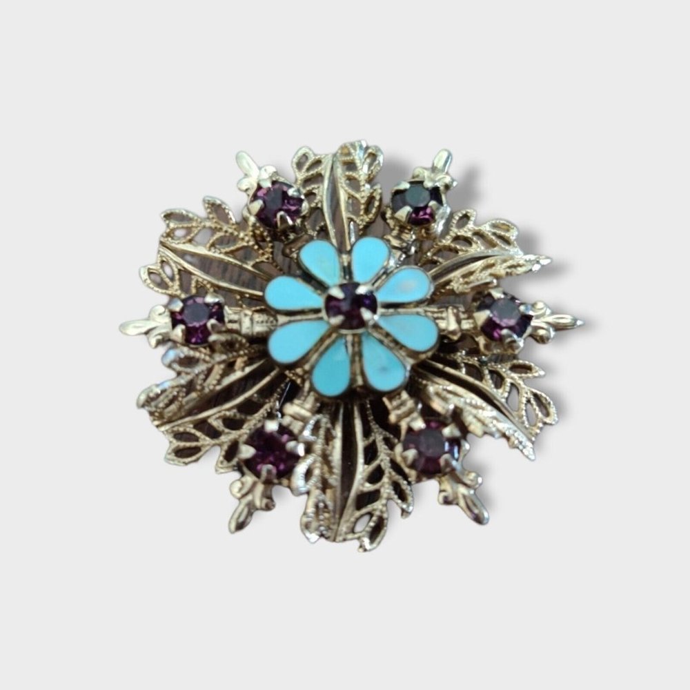 Vintage Floral Brooch Costume Pin blue enamel purple rhinestones 1950's